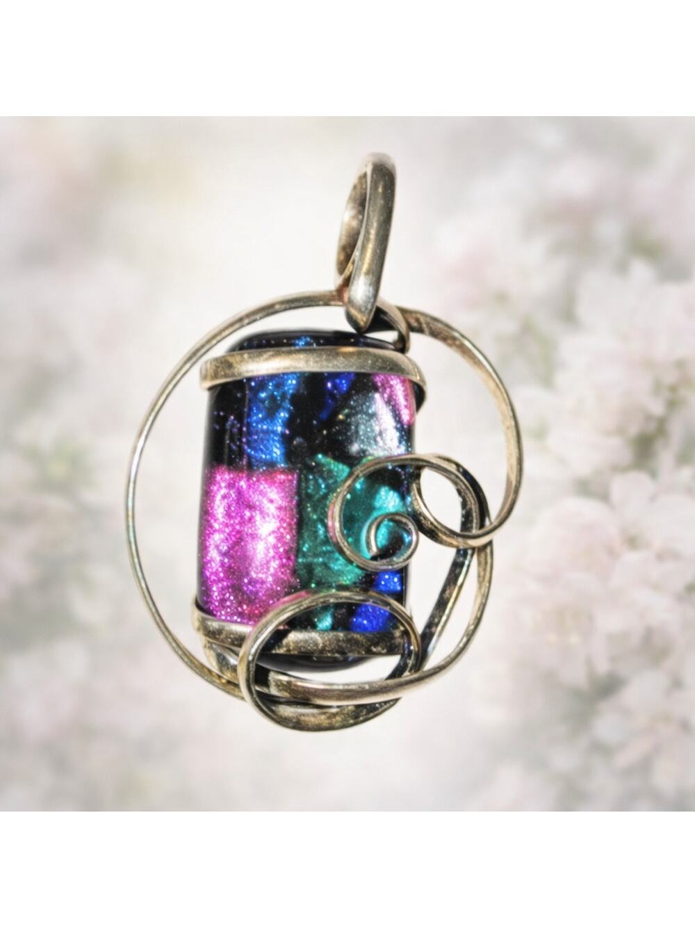 Handcrafted Dichroic Glass Pendant, Multicolor Iridescent Wire‑Wrapped Artisan